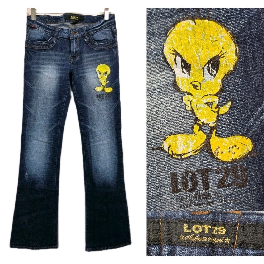 Y2K Lot29 Low Rise Jeans Womens 26 Tweety Bird Looney Tunes Denim Hip Hop 3117